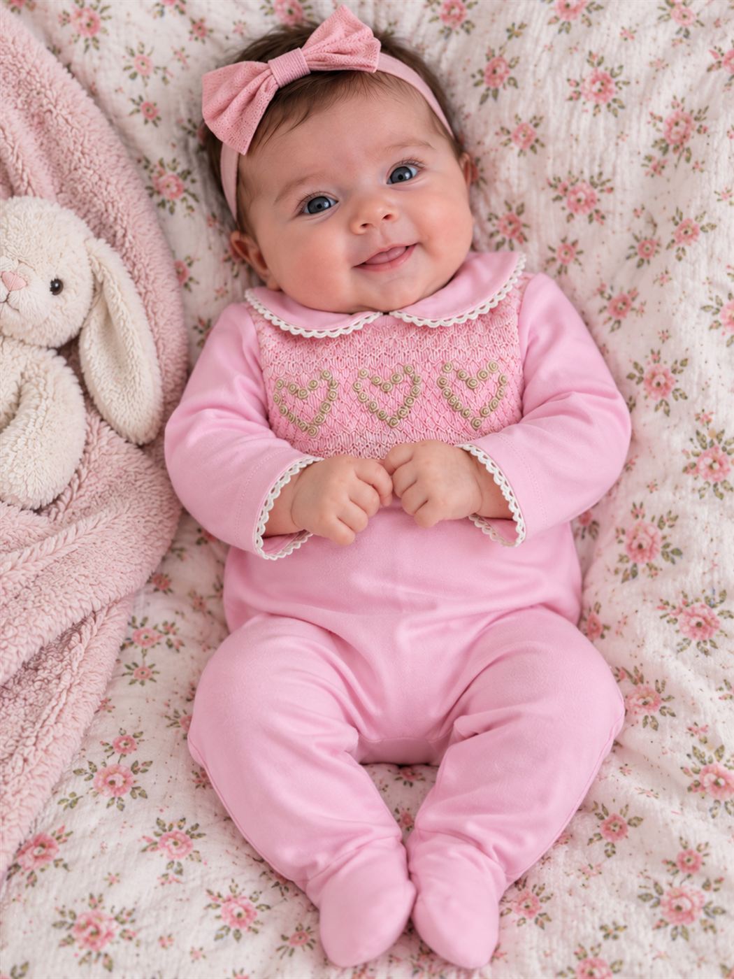 Pink Hearts Smocked Babygrow
