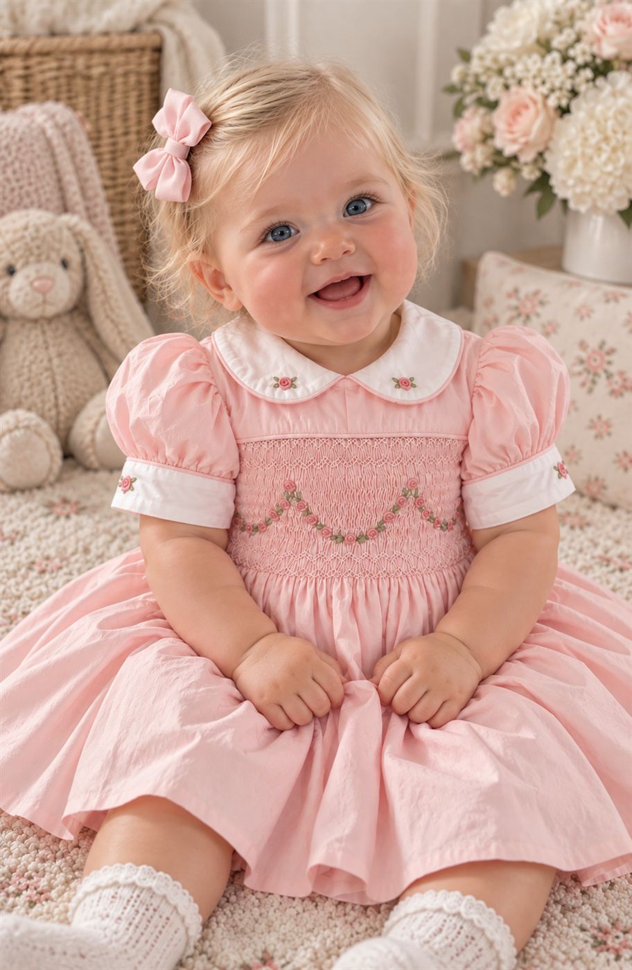 Pink Rose Smocked Dress Set